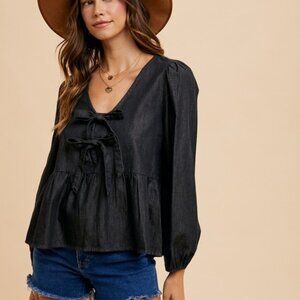 Annie Wear Tie Front Peplum Long Sleeve Denim Top- NEW WITH TAGS!